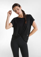 T-SHIRT MIT KNOTEN AUS VISKOSE, SCHWARZ - RESTART WITH YOGA | DEHA