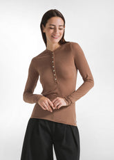 CASHMERE BLEND BUTTONED T-SHIRT - BROWN - Warm and Cozy | DEHA