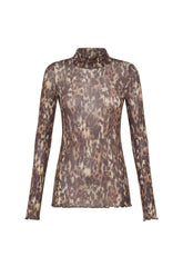 T-SHIRT COLLO ALTO STAMPATA IN LYOCELL MARRONE - LEOPARD BROWN | DEHA