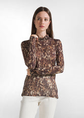 T-SHIRT COLLO ALTO STAMPATA IN LYOCELL MARRONE - LEOPARD BROWN | DEHA